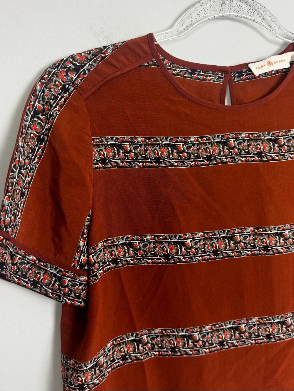 TORY BURCH | 100% Silk Rust Floral Stripe Short Sleeve Top Women’s Size 6
